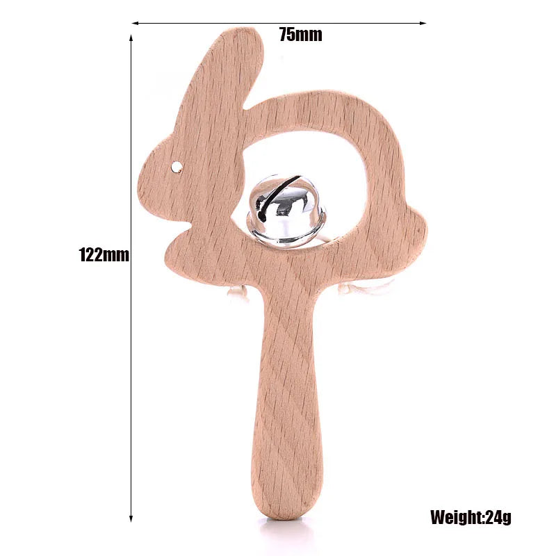 Natural wood rabbit baby teething toy and rattle in light brown.