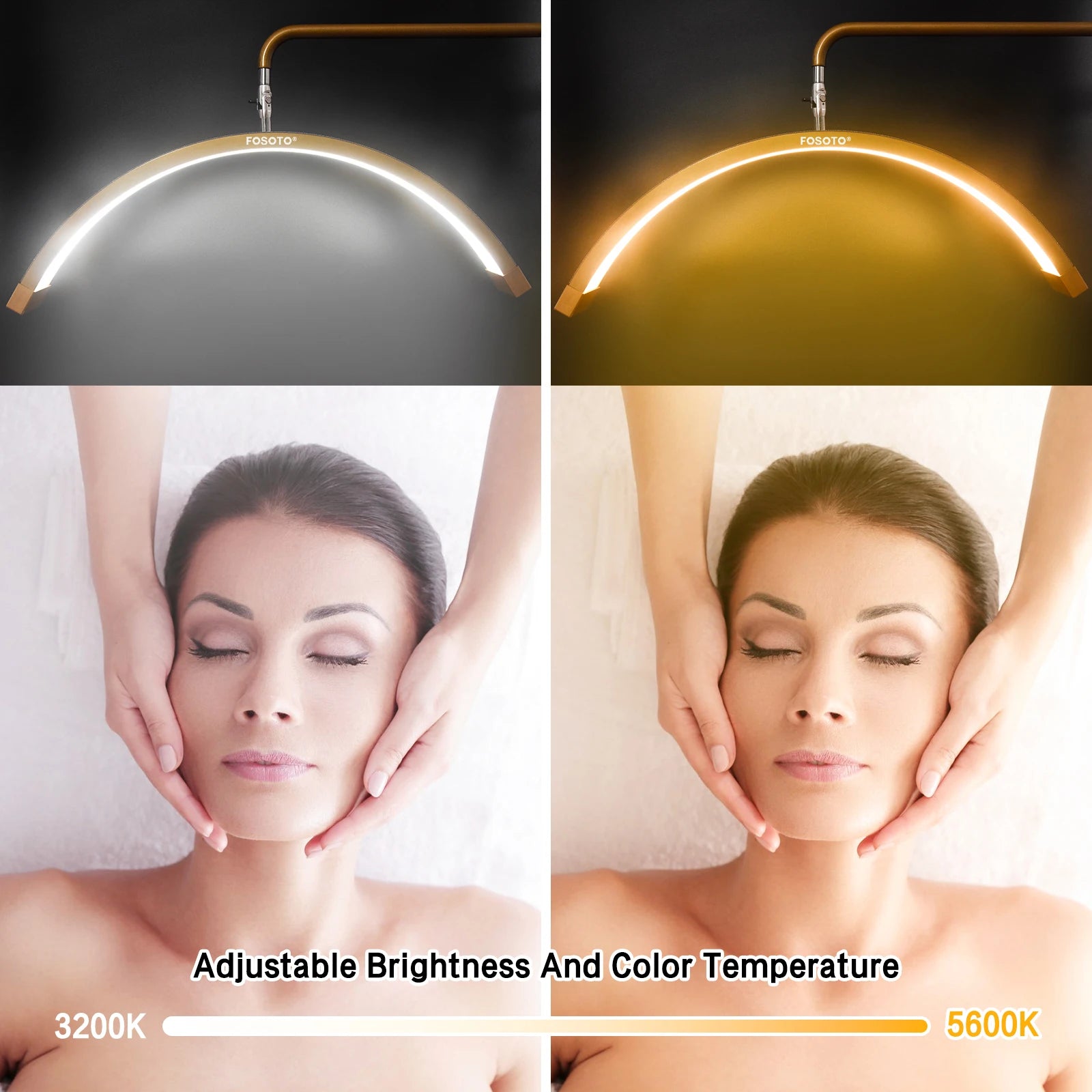 Arched LED beauty light with adjustable color temperature for spa treatments and facial aesthetics.