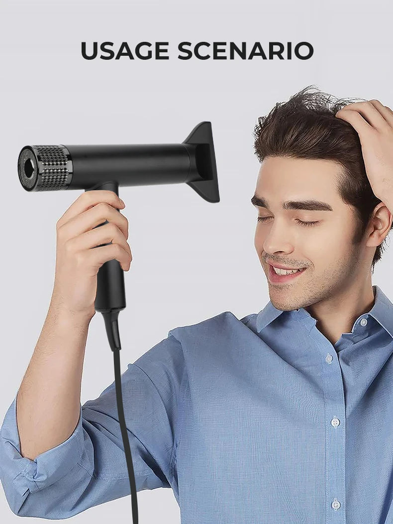 Man using VGR V-401 matte black professional hair dryer with magnetic concentrator nozzle for salon-grade styling.