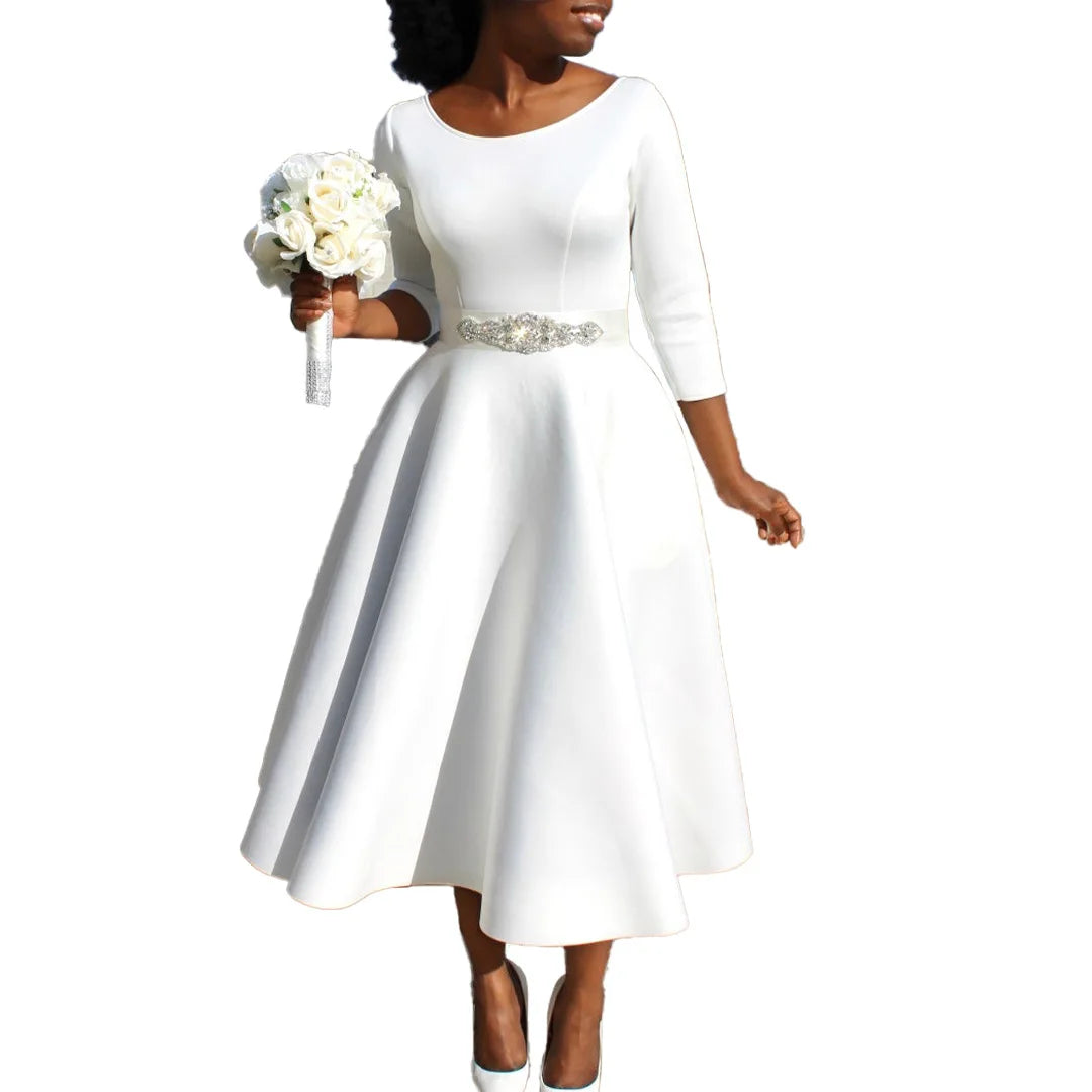 Elegant Pure Color Maxi Dress Evening Gown A- Line Skirt Polyester Fabric round Neck Short Sleeve High Waist Midi Dress