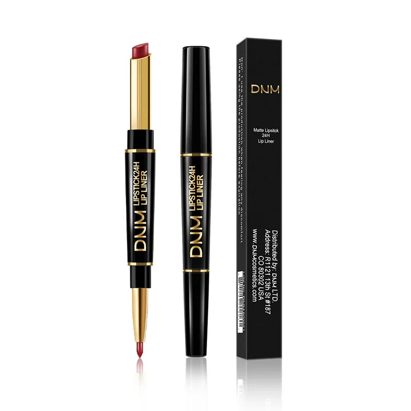 DNM 2-in-1 waterproof matte lipstick and lip liner pencil in red, featuring a double-ended design and retail box.