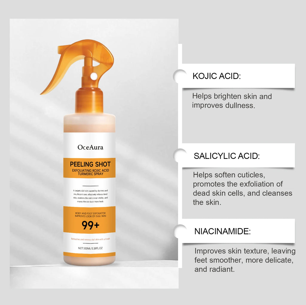 Kojic Acid Turmeric Spray Body Exfoliating Dead Skin Remover Smoothing Brightening Dullness Hydrating Gentle Peel Refreshing
