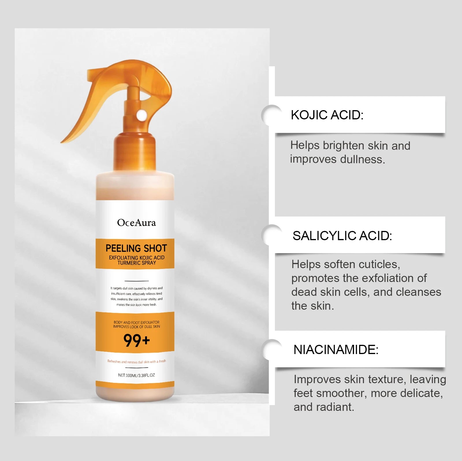 Kojic Acid Turmeric Spray Body Exfoliating Dead Skin Remover Smoothing Brightening Dullness Hydrating Gentle Peel Refreshing