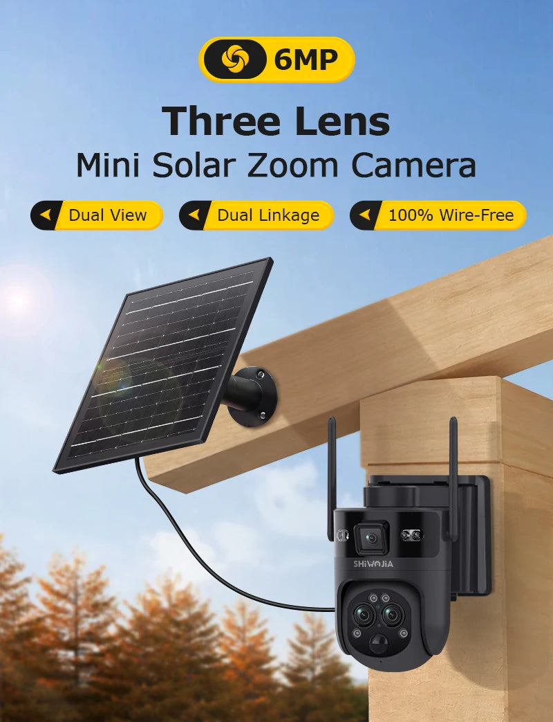 SHIWOJIA 15X 6M PSolar Camera 4G SIM/WIFI Three Lens Recording AI Human/Pet/Vehicle Auto Tracking Camera IP65 Waterproof