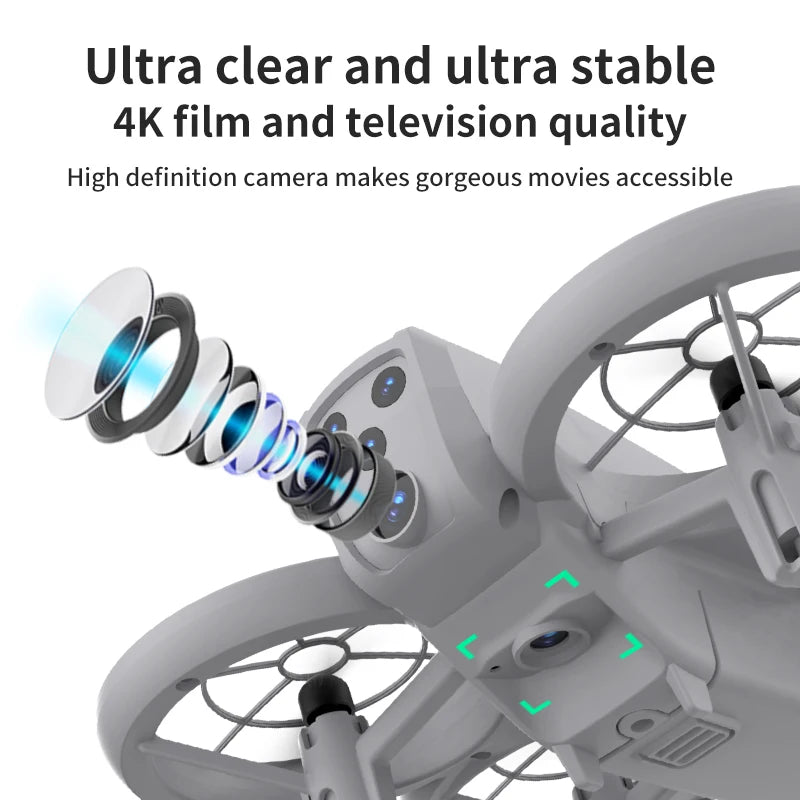 Light gray camera drone with propeller guards and an exploded view diagram of the high-definition lens components.