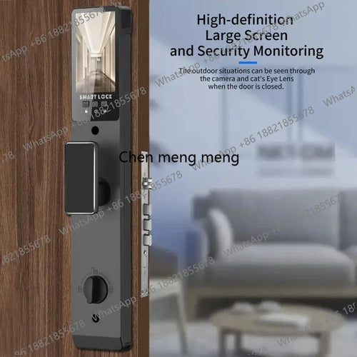 Smart door lock exterior with keypad panel and fingerprint sensor on dark housing