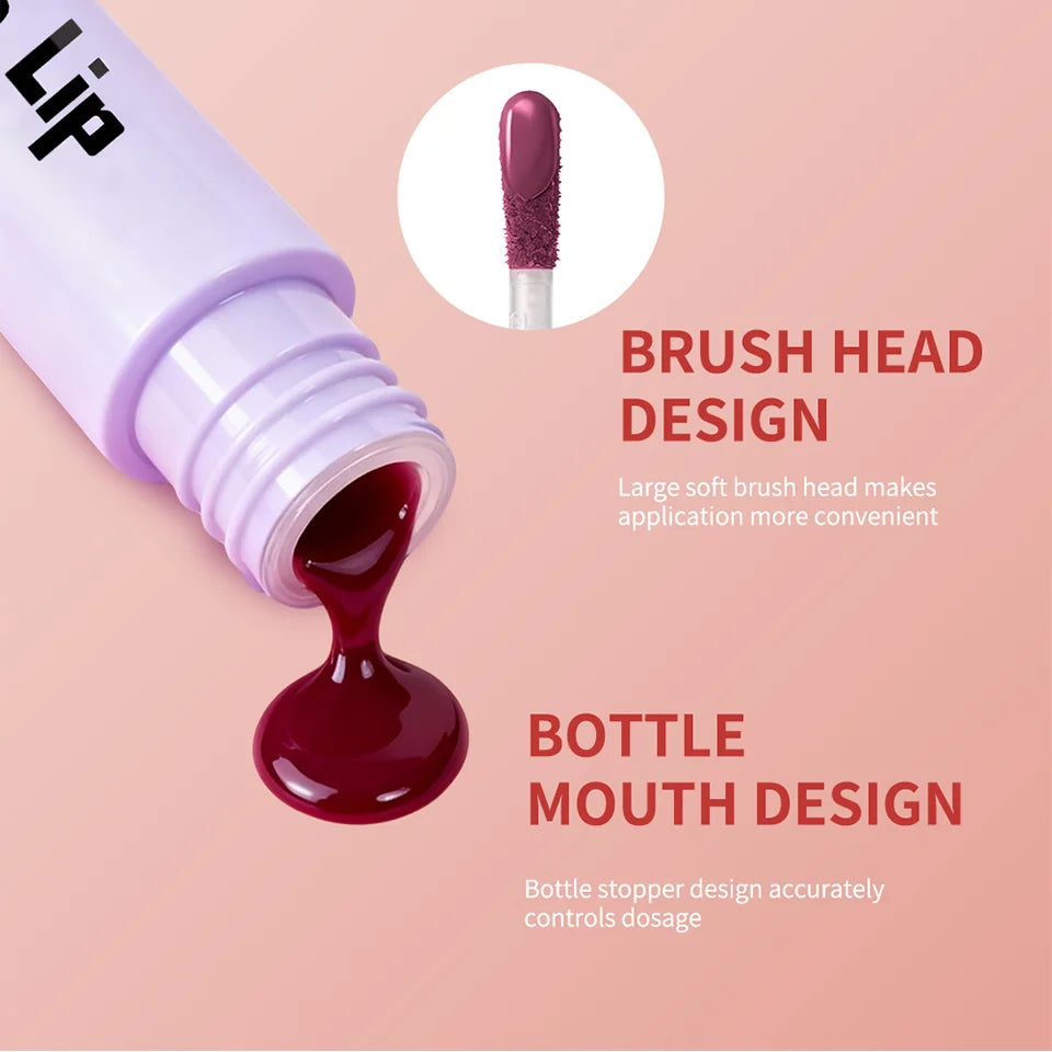 Kulfée moisturizing lip oil stain, deep berry pigment, non-stick gloss texture with soft brush applicator.