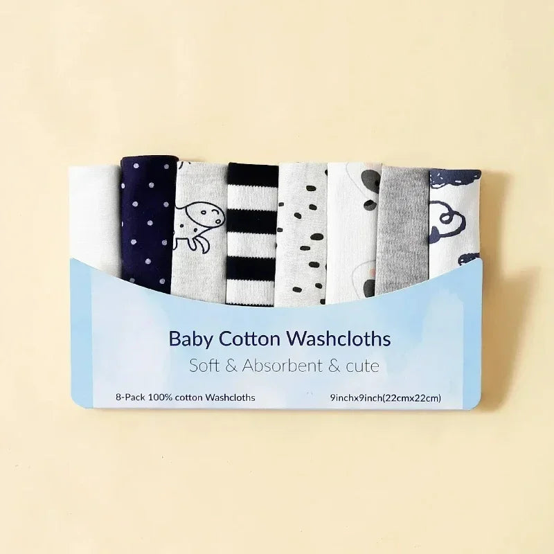 8-pack baby cotton washcloths, 9x9 inch, featuring soft, absorbent patterns and designs for gentle baby care.