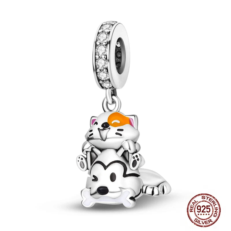 Cute 925 sterling silver dog and cat pendant charm for bracelets, featuring crystal accents for pet lovers.