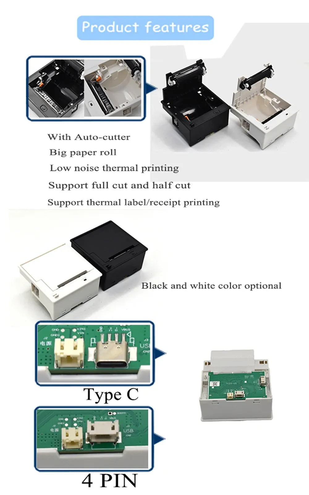 58mm Embedded Thermal Label & Receipt Barcode Printer Black and White Panel Serial Printer Module with Serial Auto Cutter