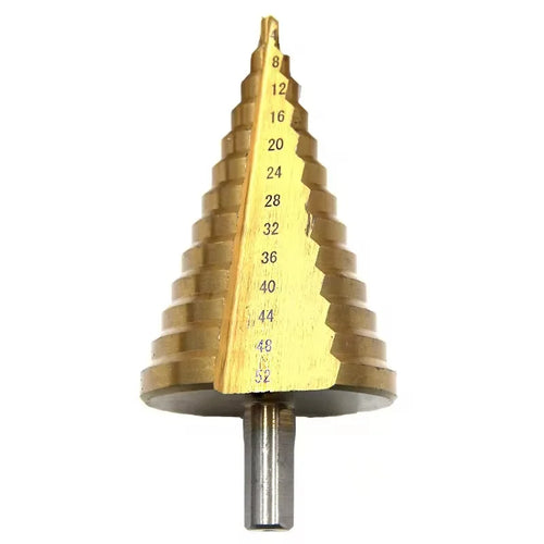 Gold step drill bit front view with 8–52 mm increments and silver pilot shank