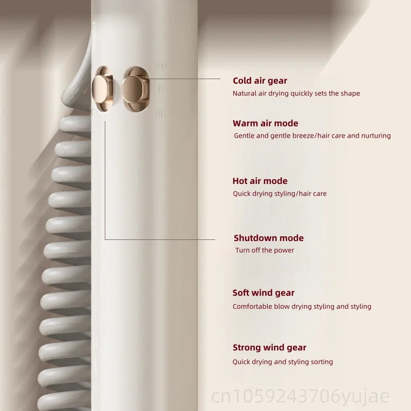White wall-mounted 2200W hair dryer with gold controls, showing heat and speed settings for professional hair styling.