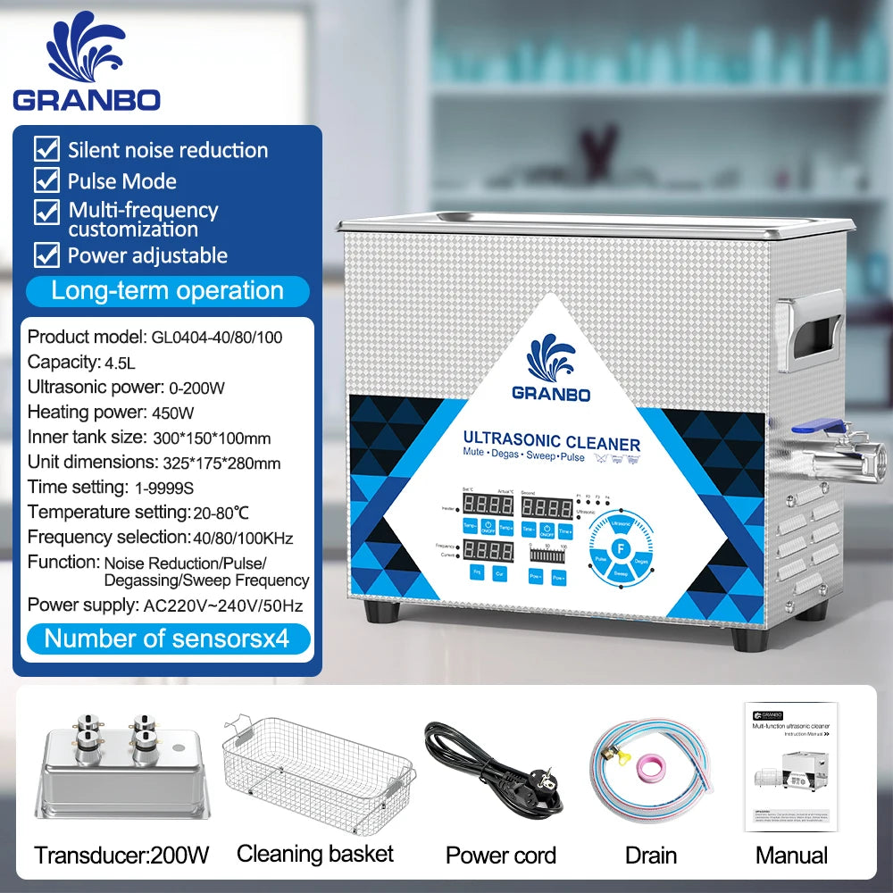 Tidesmit 4.5L 200W Ultrasonic Cleaner with multi-frequency 40-200KHz stainless steel tank for lab and food cleaning