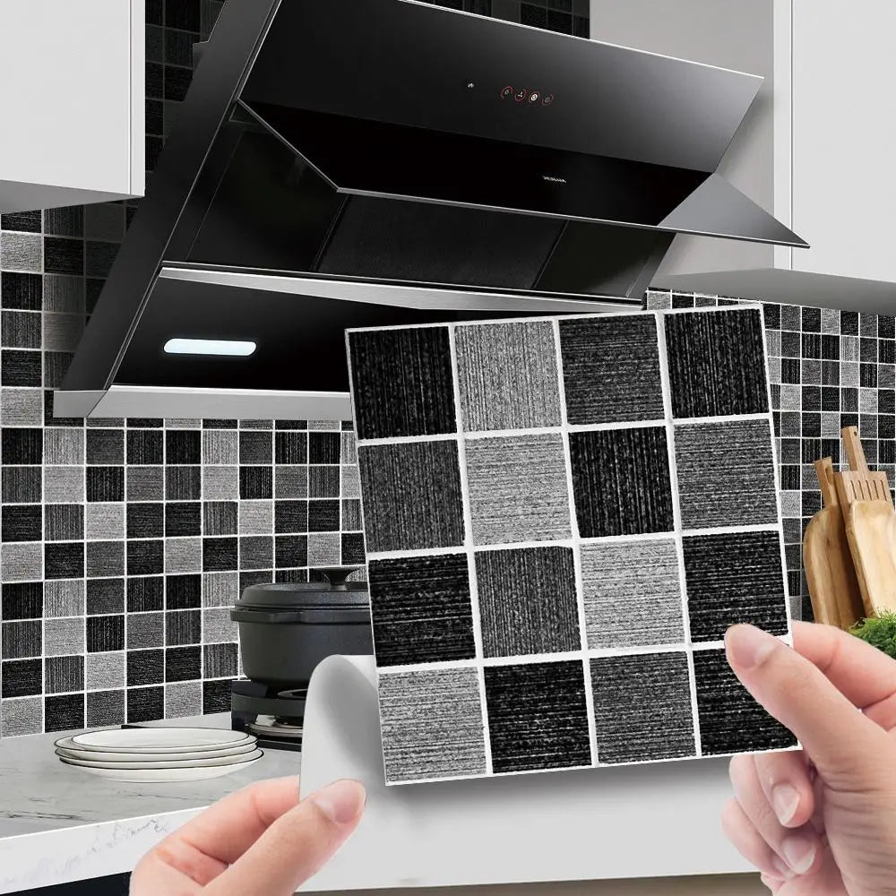 Self-adhesive 3D mosaic tile stickers sheet with gray and black speckled square tiles