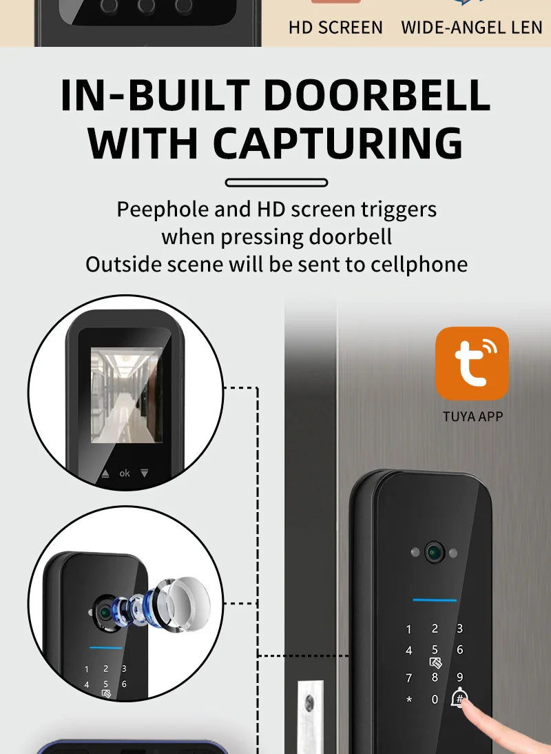XSDTS New Tuya Wifi Digital Electronic Smart Door Lock With Biometric Camera Fingerprint Smart Card Password Key Unlock