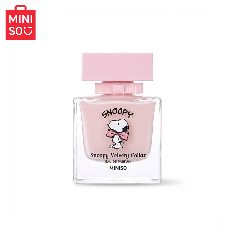 Miniso Snoopy Velvety Collar EDP, pink floral perfume for women in a square glass bottle with a pink rectangular cap.