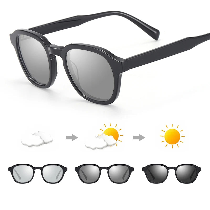Black plastic photochromic sunglasses with round frames that darken automatically from cloudy to sunny conditions.