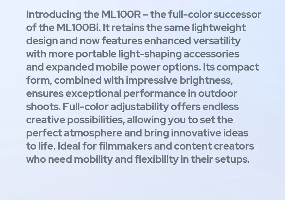 ML100R compact, lightweight, full-color LED light for portable video production and outdoor photography lighting.