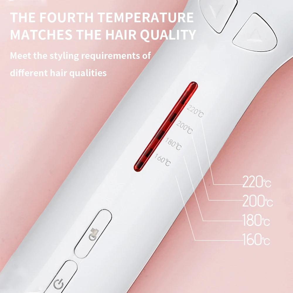 White portable automatic hair curler with digital temperature control settings from 160°C to 220°C for precise styling.