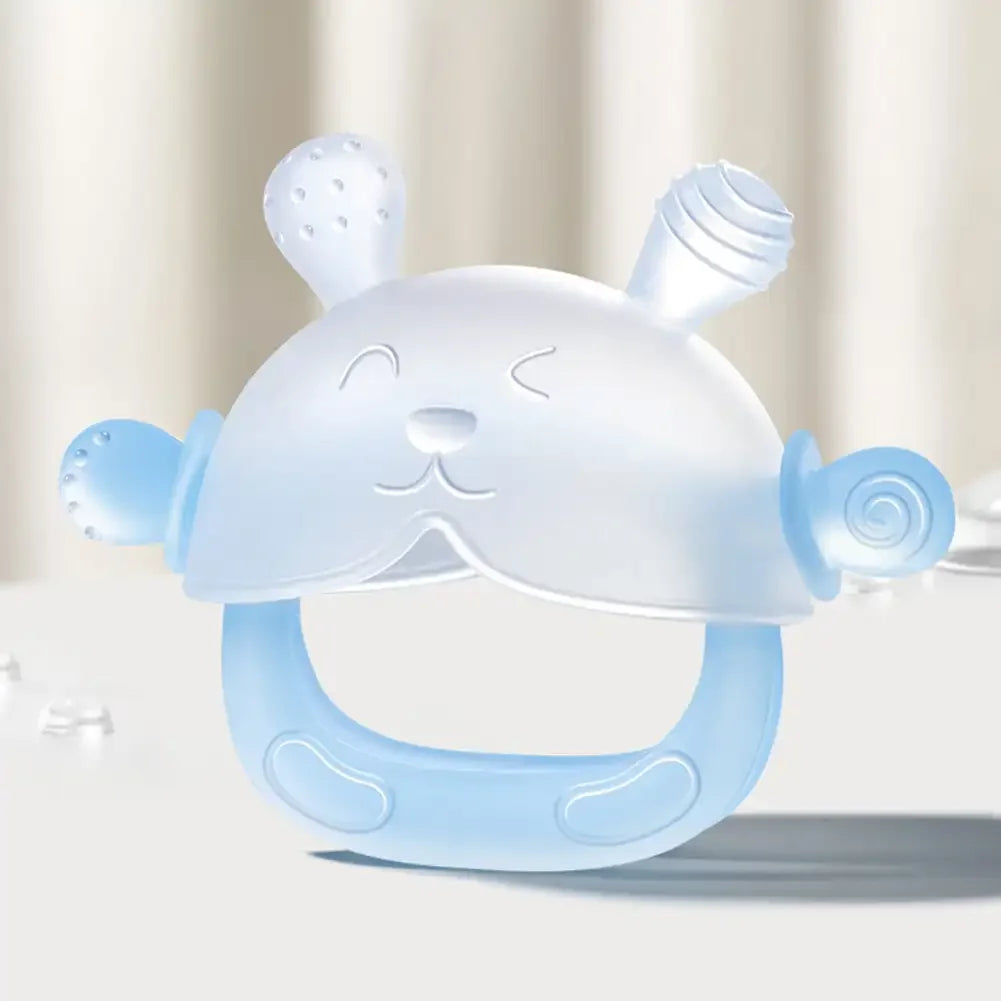 Blue silicone baby teething toy with bear design for soothing sore gums.