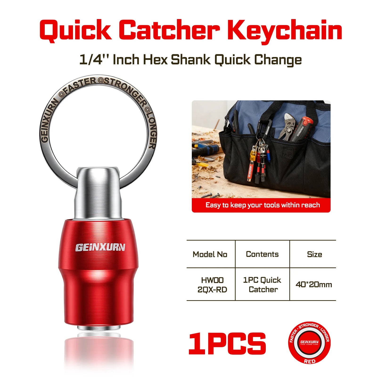 Red aluminum 1/4 in hex shank keychain bit holder, quick-catcher with key ring