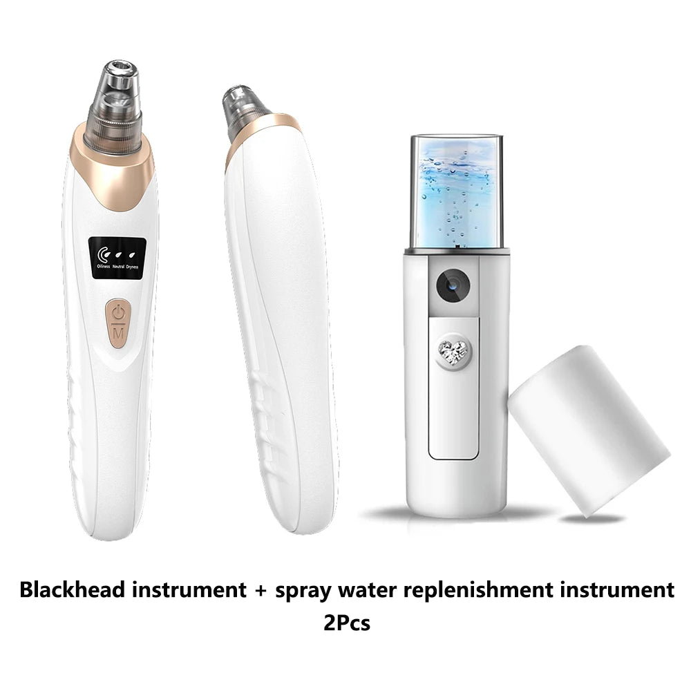 White and rose gold electric blackhead remover and a portable facial mist sprayer with a heart-shaped button.