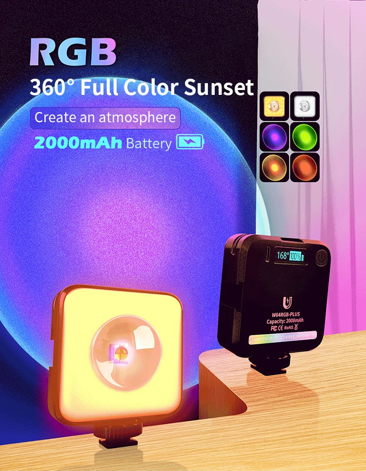 W64RGB-PLUS portable square LED light with battery display, emitting colorful projection light for photography.