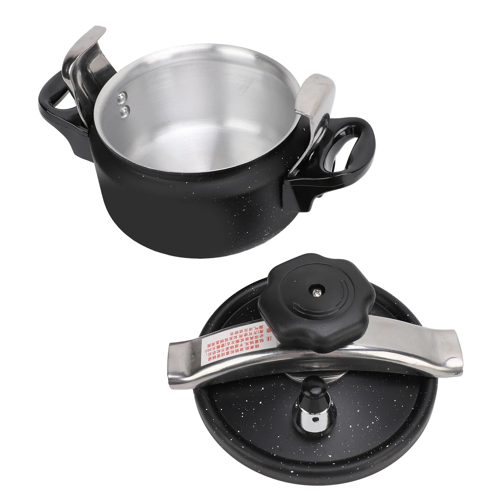 Black speckled pressure cooker with open lid showing stainless-steel inner pot and handles