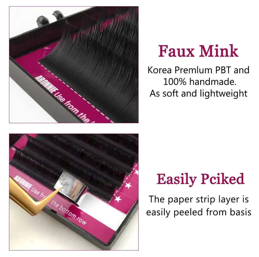 Black faux mink eyelash extension strips on a pink tray with peelable adhesive backing for professional lash