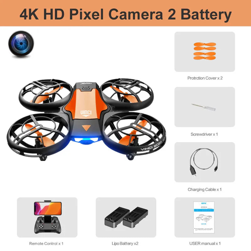 Black and orange drone kit with 4K camera, remote controller, two batteries, spare propellers, and charging cable.