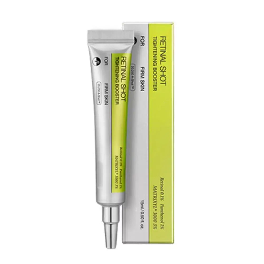 Retinal Shot tightening booster cream in a silver tube next to its tall, chartreuse and white product box.