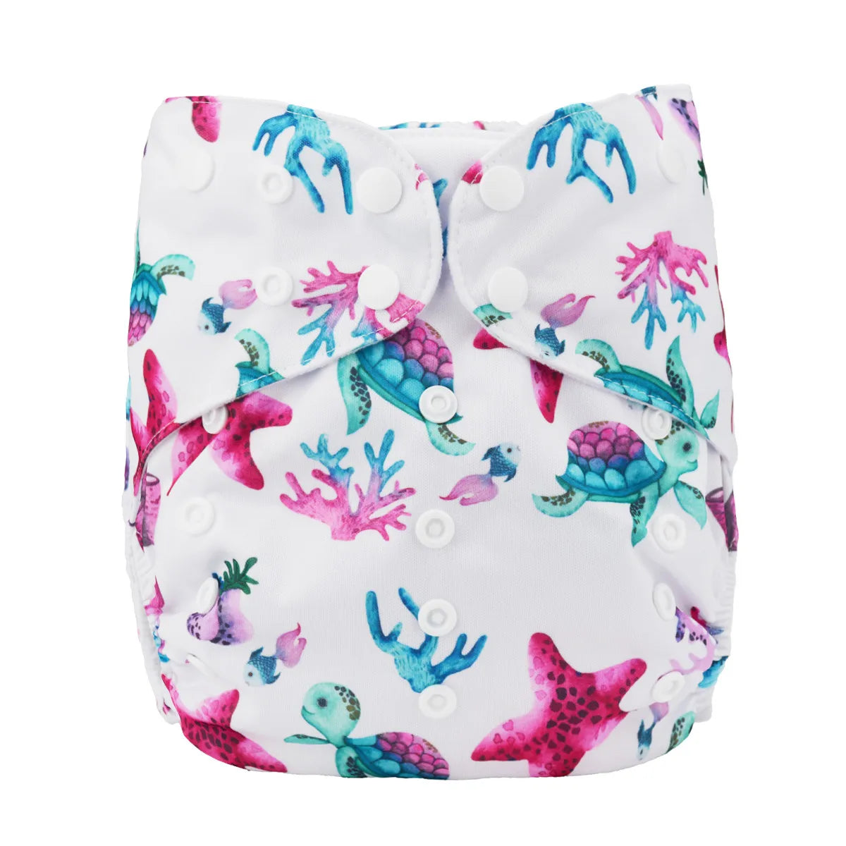Reusable baby cloth diaper featuring a white background with colorful sea turtles, starfish, and coral print.