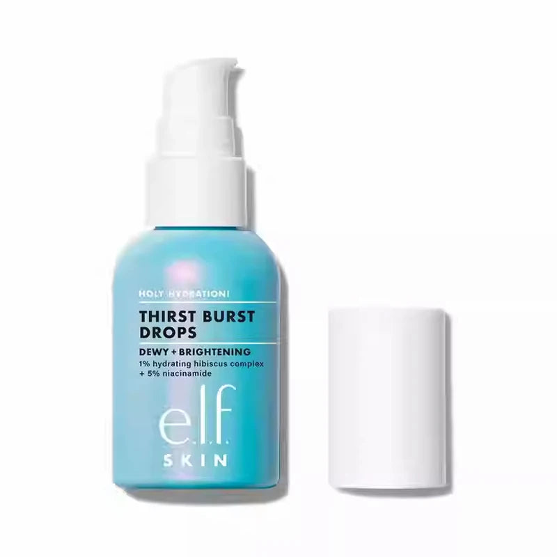 e.l.f. Skin Holy Hydration! Thirst Burst Drops bottle with pump, blue serum packaging for dewy, hydrated skin.