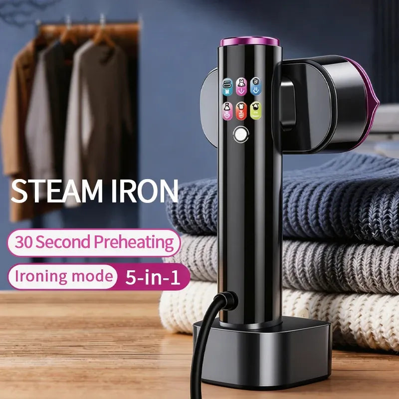 Handheld steam iron on a charging base, featuring a digital display, 30-second preheating, and a 5-in-1 ironing mode.
