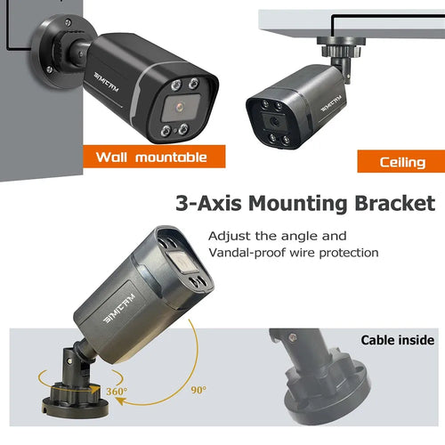 Black bullet security camera with 3-axis mounting bracket for wall or ceiling setup