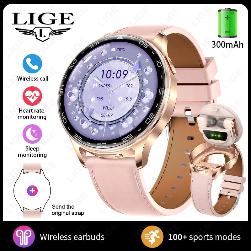 Rose gold smartwatch with light pink strap and wireless earbuds in charging stand