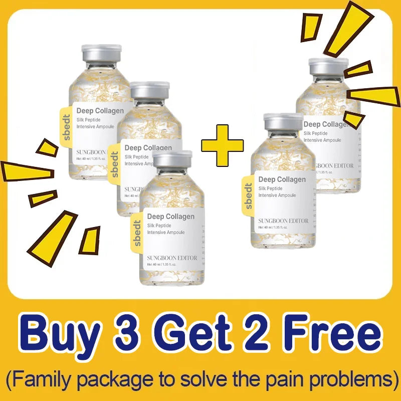 Sungboon Editor Deep Collagen Silk Peptide Intensive Ampoule bottles, anti-aging facial essence set, 5-pack promo deal.