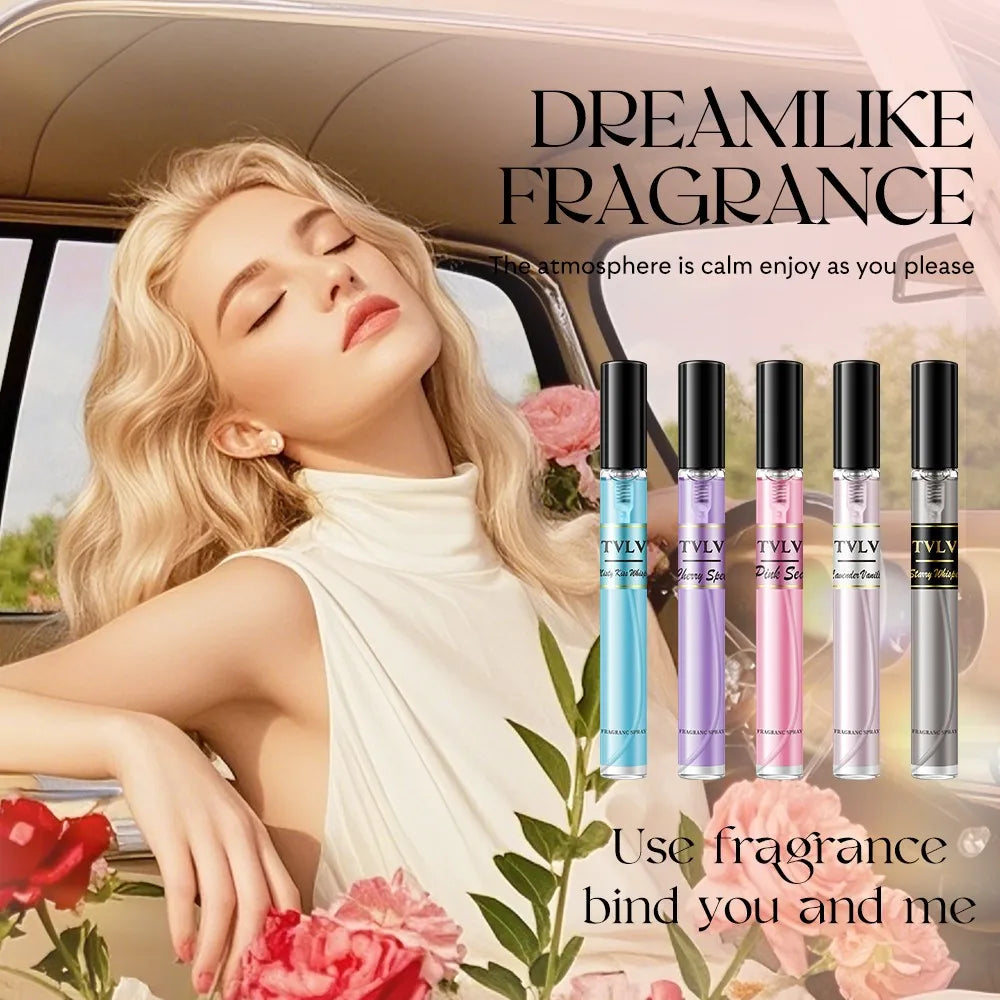 TVLV Brazilian fragrance set: 5 slender glass body spray bottles, fresh long-lasting scents for women, floral-fruity.