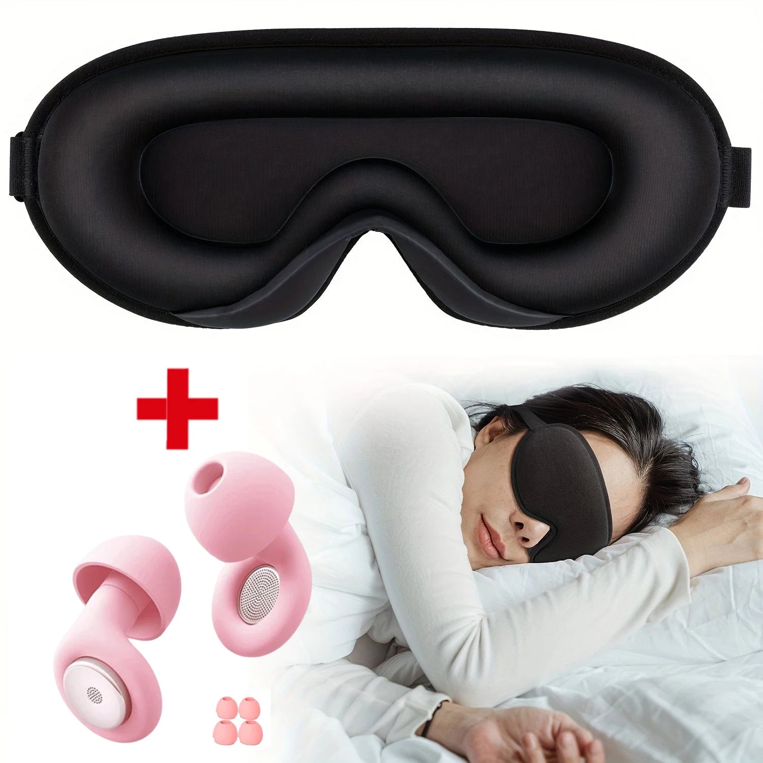 3D Sleep Mask with Integrated Earplugs - Ergonomic Light Blocking Pink Tidesmit