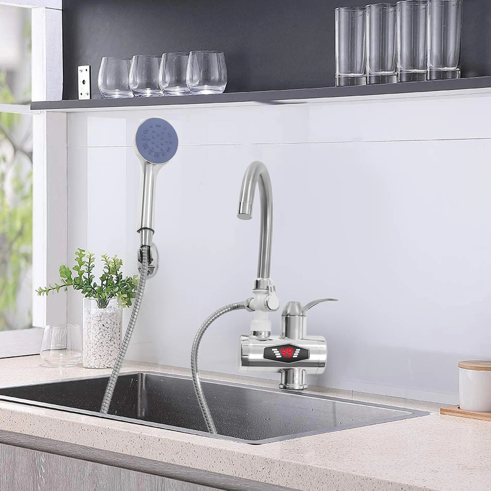 Electric Shower Water Heater Instant Hot Water Faucet 360° Rotating Fast Heating Tap Tankless with LED Display 3000W