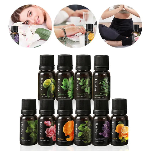 Hankey essential oil set in amber bottles for aromatherapy and wellness. Features olive, lavender, rose, and citrus.