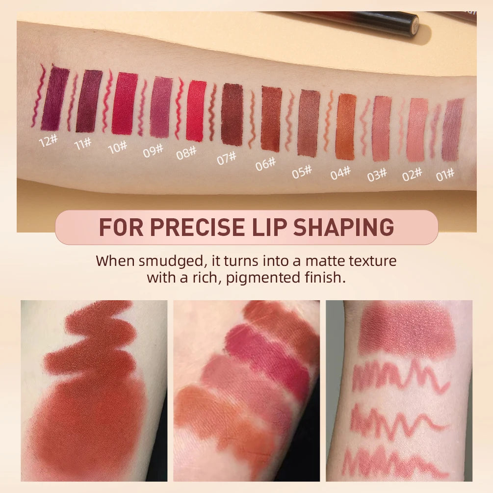 QIBEST matte velvet lip liner pencil set swatches showing 12 pigmented shades on arm for precise lip contouring makeup.