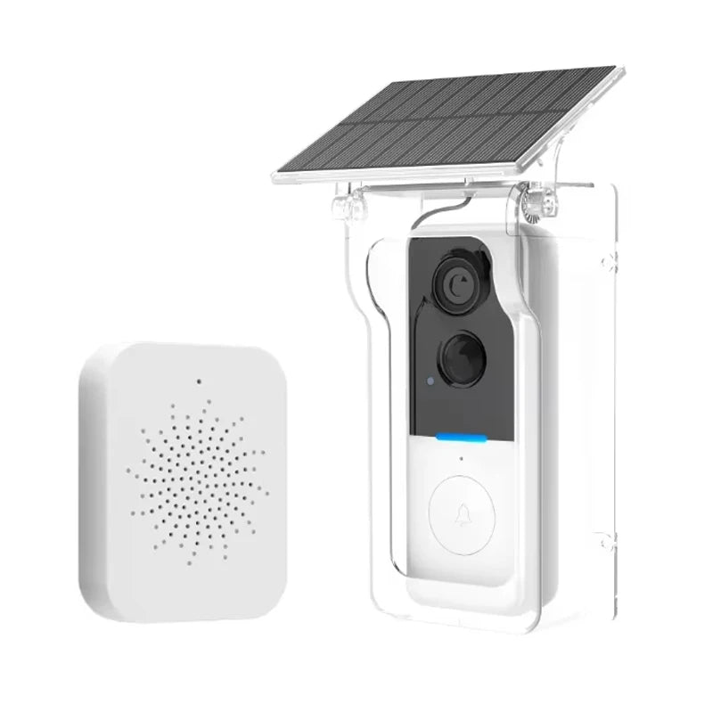 Black wireless video doorbell with solar rain cover and white indoor chime