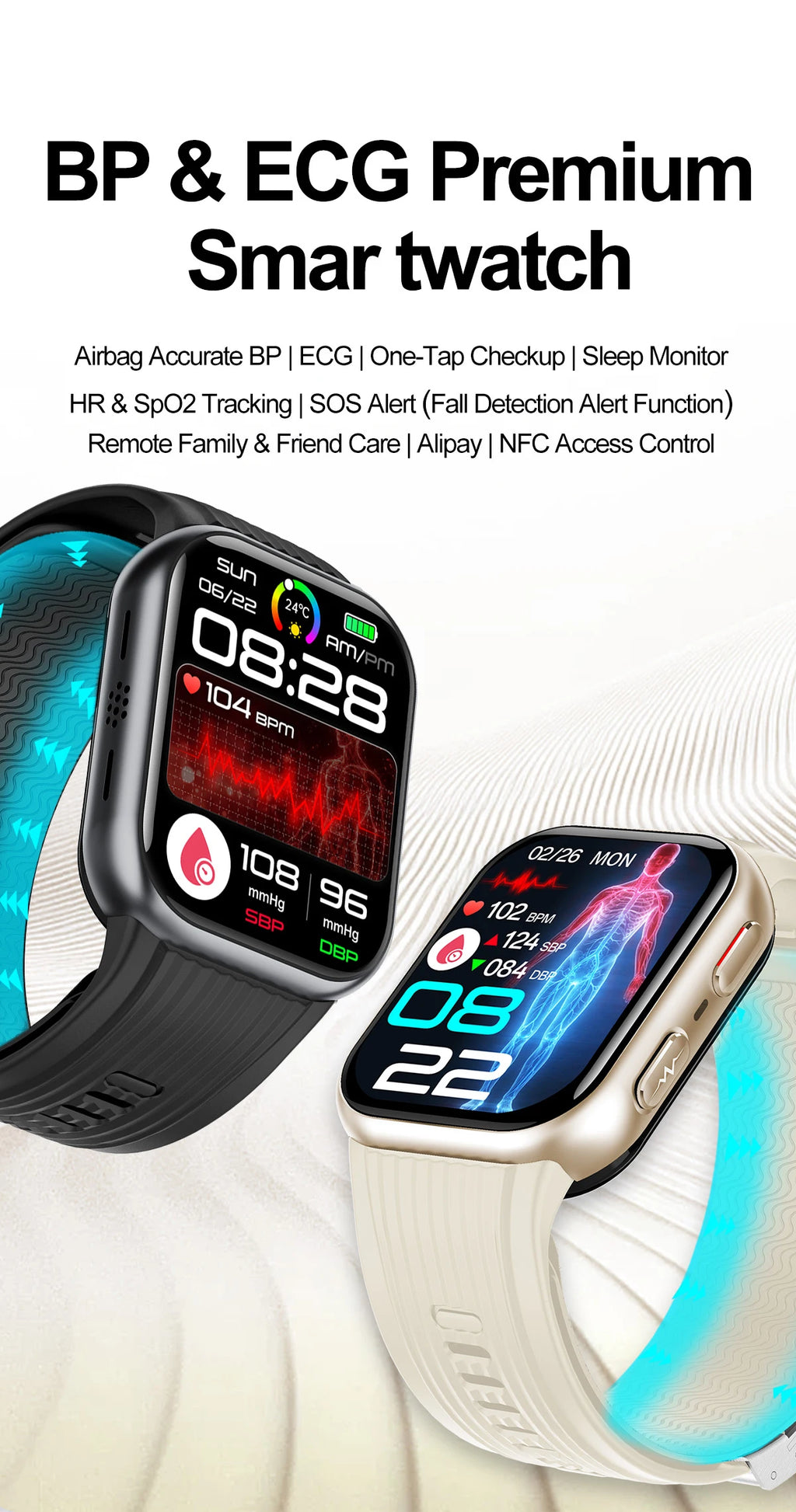 2026New Airbag Blood Pressure SmartWatch NFC ECG+PPG Body Temp Sleep SpO2 Monitor Sports Fitness Health SmartWatch For Men Women