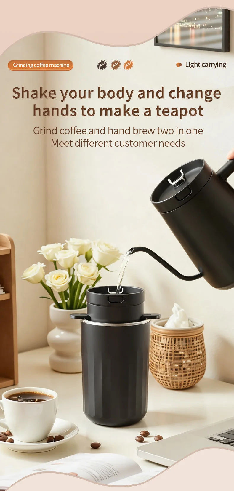 Matte black 2-in-1 portable manual coffee grinder and pour-over brewer with gooseneck kettle on a desk.