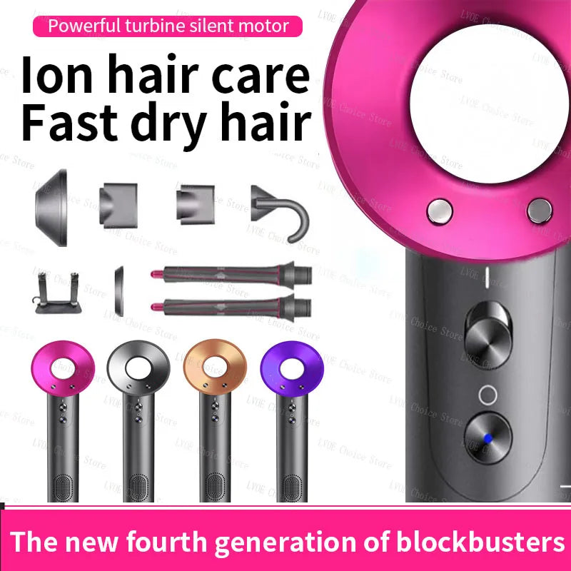 Professional 1600W ionic hair dryer set with multiple magnetic attachments in pink, grey, gold, and purple finishes.