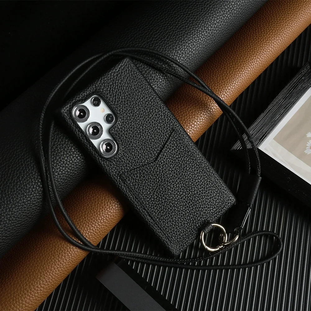 Genuine Leather Samsung Galaxy S24 Ultra Case with Adjustable Lanyard Black China Mainland Tidesmit