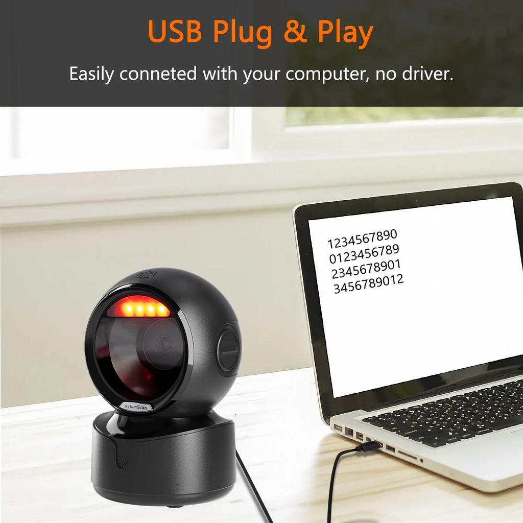 Black USB barcode scanner on a stand with red scan light, ready for desktop use