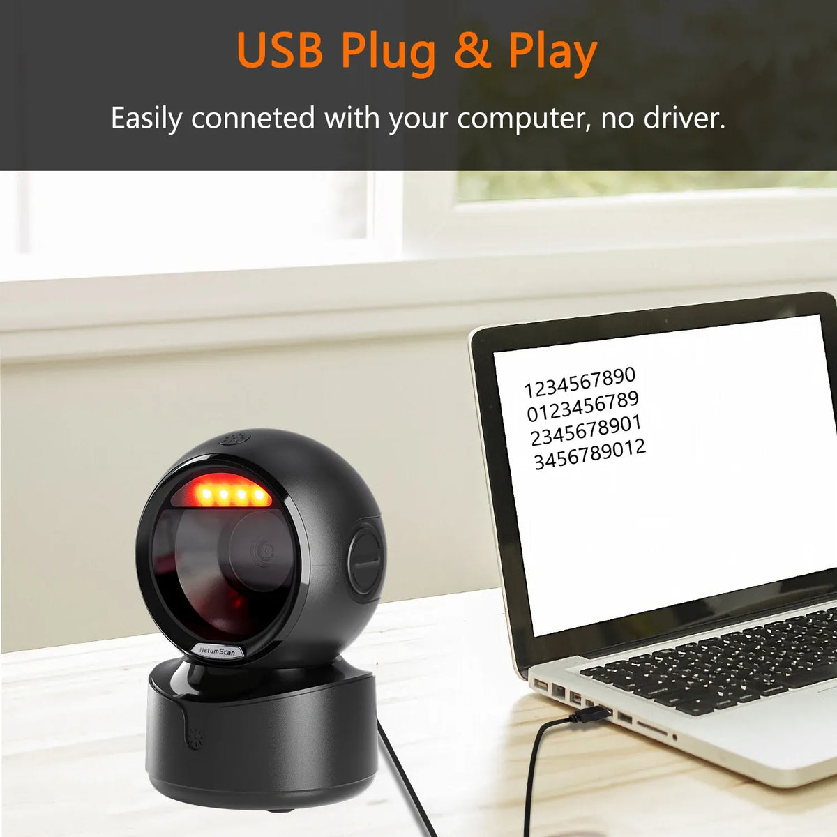 Black USB barcode scanner on a stand with red scan light, ready for desktop use