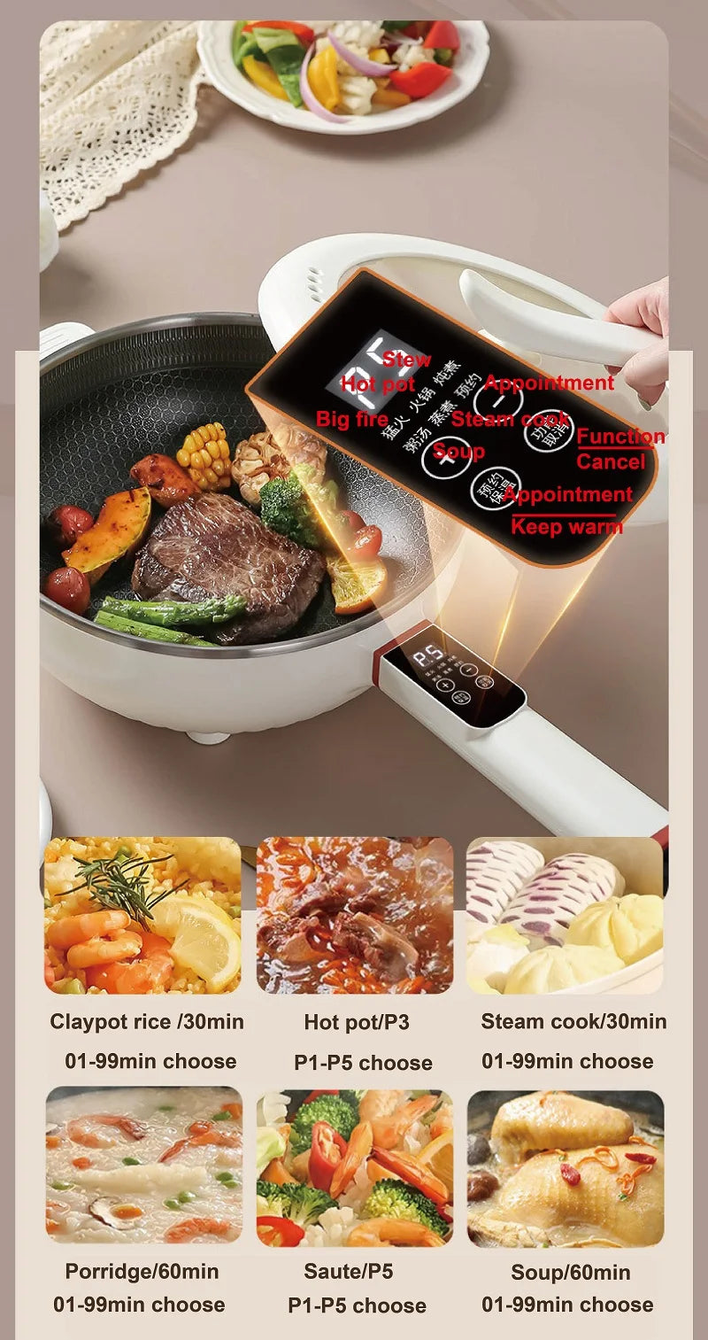 Electric cooking pot with control display and food simmering inside nonstick pan